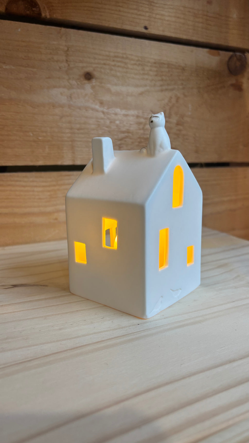 Maison Photophore Chat en Porcelaine