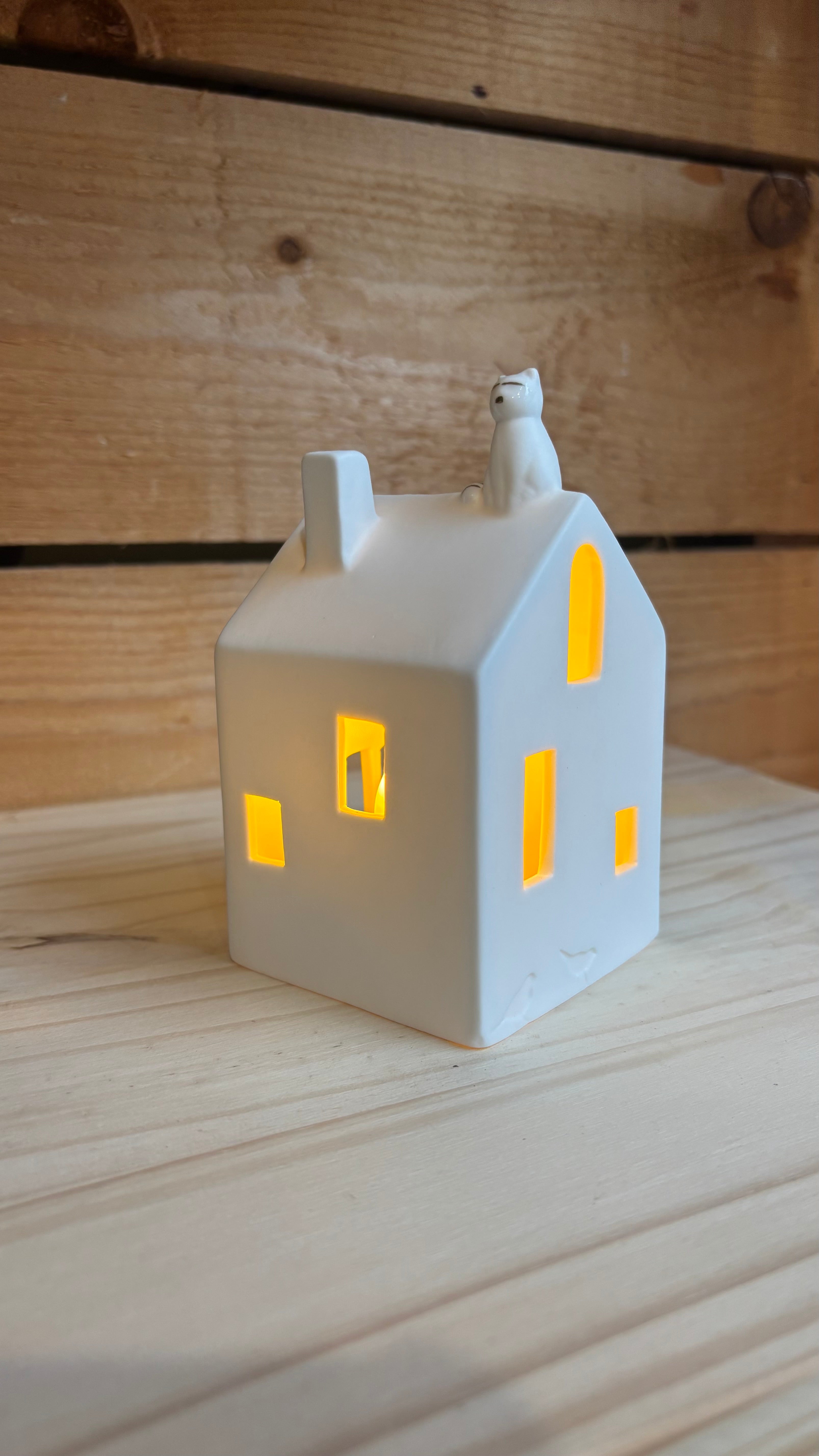 Maison Photophore Chat en Porcelaine