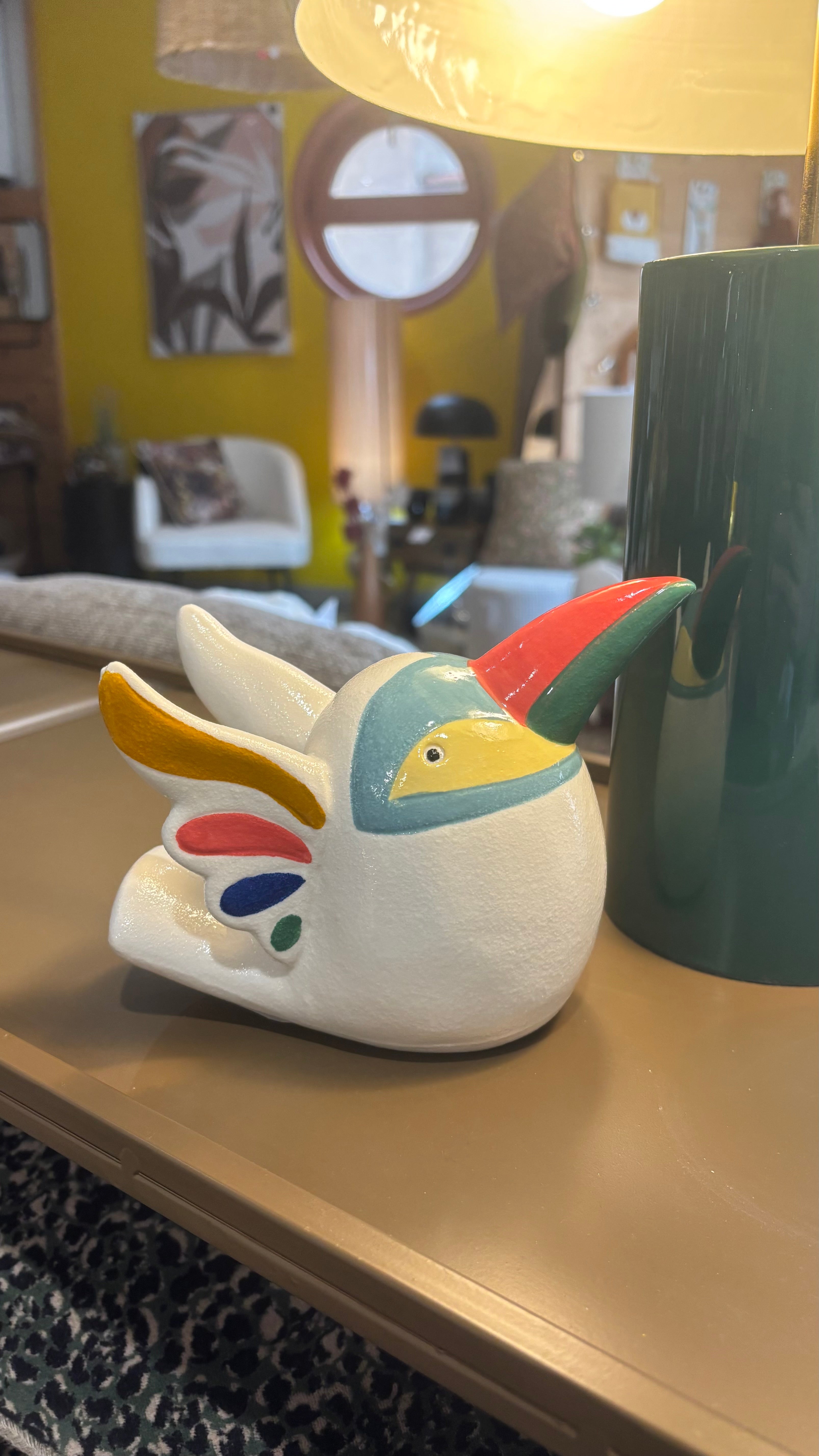 Oiseau décoratif en céramique multicolore